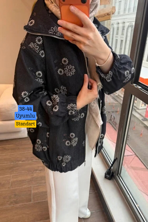 Women's Floral Patterned Zippered Oversize Jean Bomber Jacket 380 Black - Premium Series