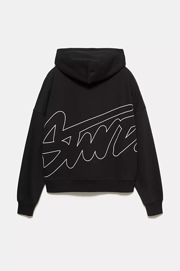 Black Oversize Hooded Sweatshirt Cotton Printed Unisex
