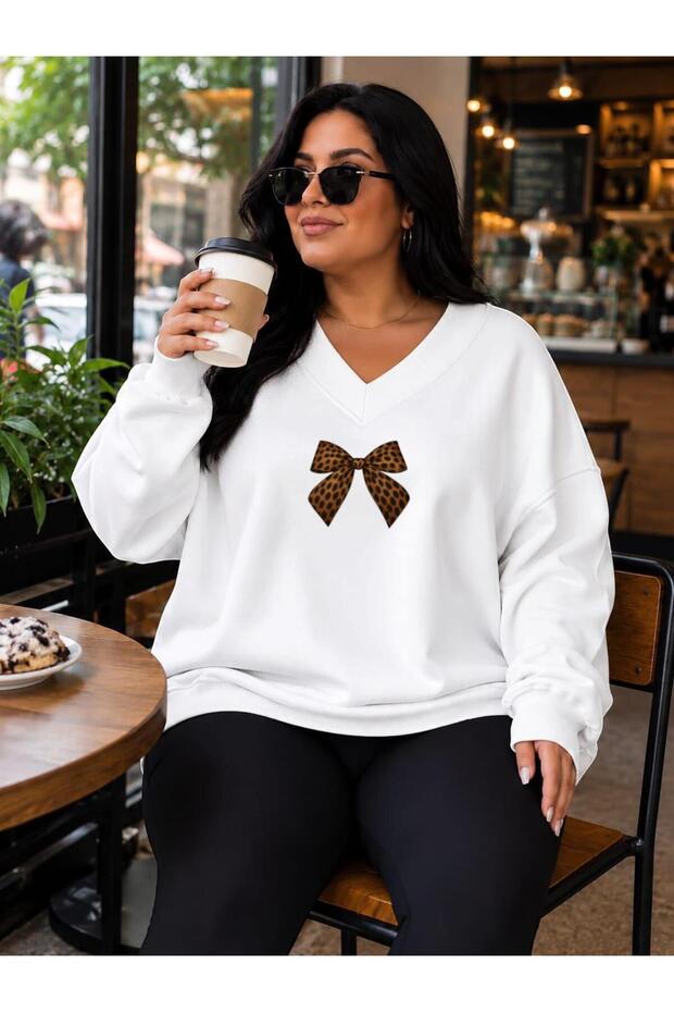 3 Yarn Combed Cotton Plus Size Ribbon Printed V-Neck Sweatshirt Aow3