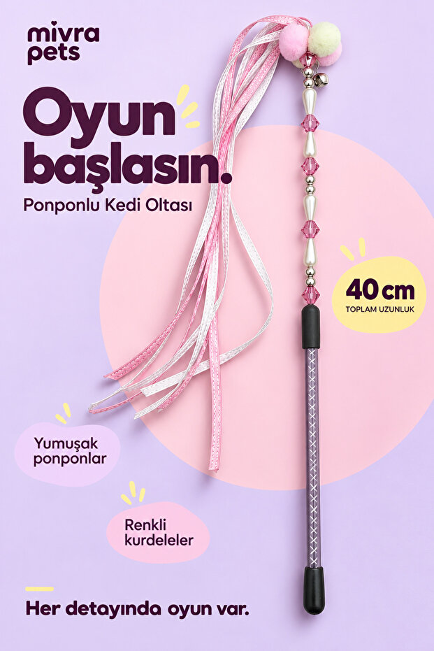 Cat Fishing Rod 40 cm – Interactive Cat Toy with Pom-Pom, Bell, and Ribbon