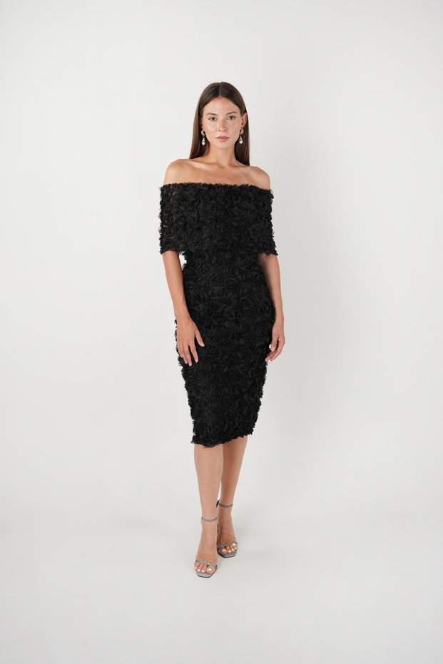 Three-Dimensional Fabric Bolero Detailed Pencil Dress - Black