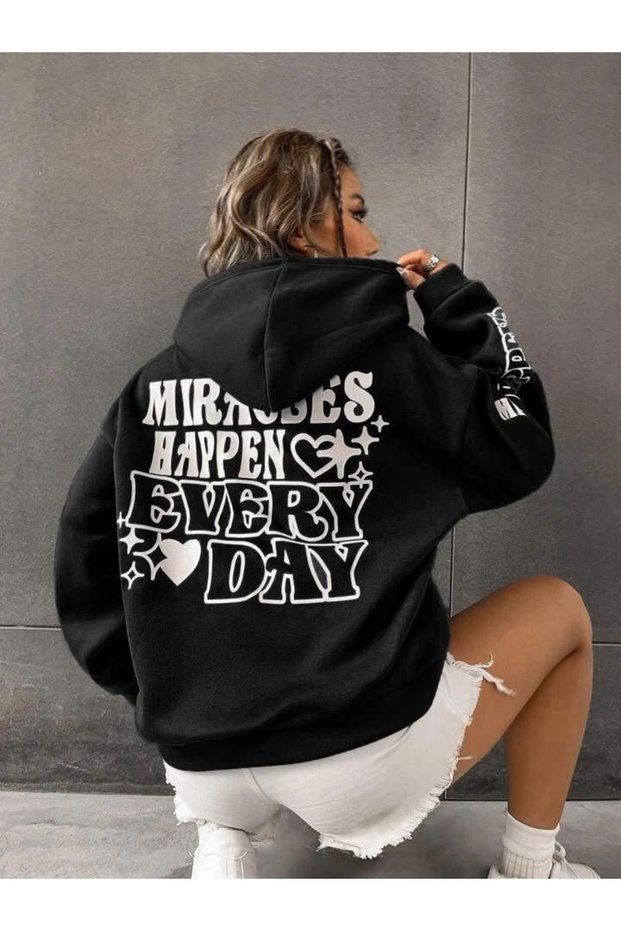 Black Oversize Hooded Sweatshirt Cotton Printed Unisex