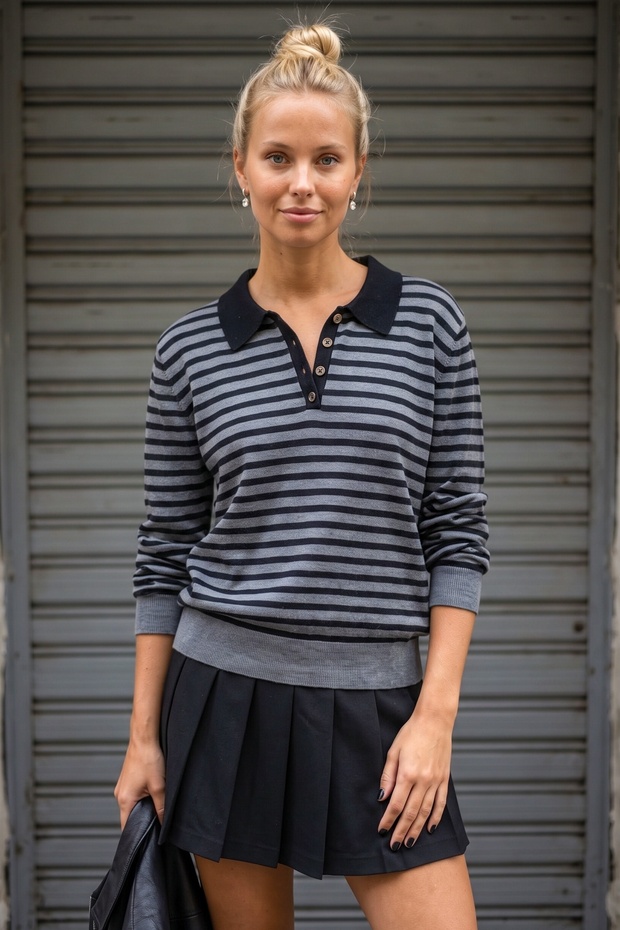 Gray Polo Collar Cuffed Sleeves Striped Half Placket Buttoned Hem Lycra Knitted Sweater 62 60