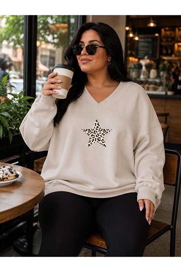 3 Yarn Combed Cotton Plus Size Star Printed V-Neck Sweatshirt Aow2