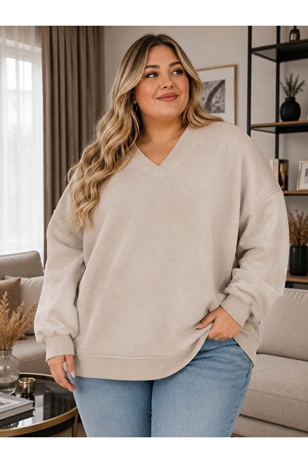 3 Yarn Combed Cotton Plus Size V-Neck Sweatshirt Aow4