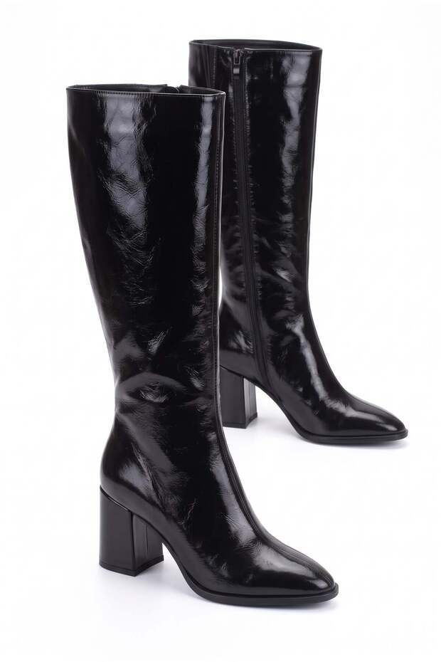Women's Black Winter Patent Leather Zippered Pointed Toe 7 cm Thick Heeled Long Below-Knee Boots Bolde