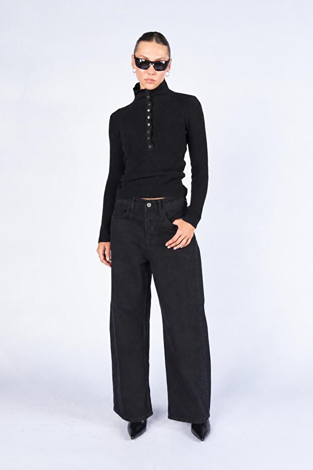 Women's Black High-Necked Knitwear with Gold Snap Detail