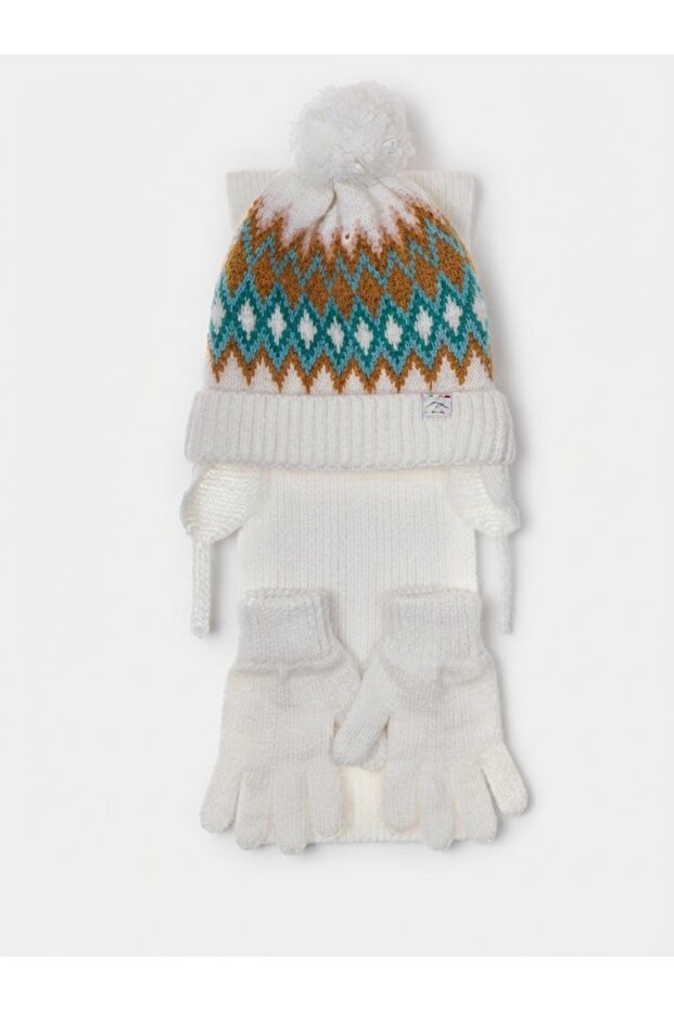 Fo 5204 Baclı 3-Piece Scarf Beanie Glove Set