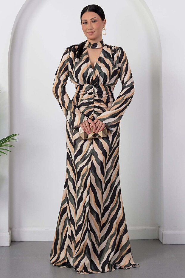 V-Neck Long Sleeve Zebra Pattern Satin Dress K-262715