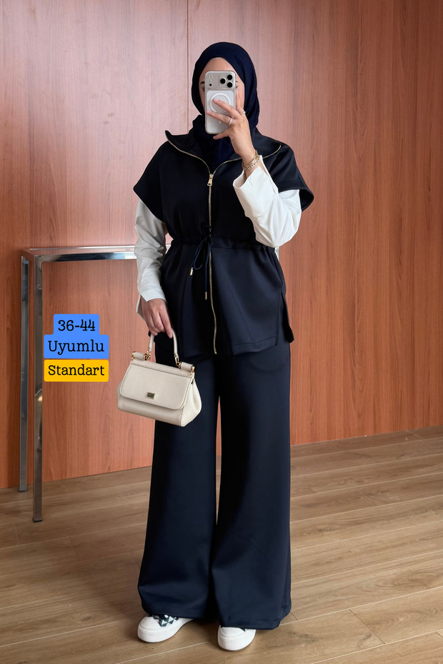 Women's Scuba Fabric Zippered Vest and Wide Leg Pants Islamic Clothing 2-Piece Set 3248 Navy Blue