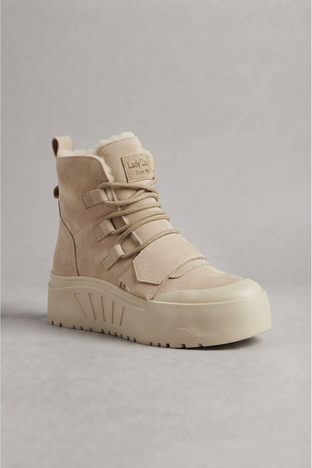 Beige Suede Thick Soled Lace-Up Women's Casual Daily Boots with Fur Inside