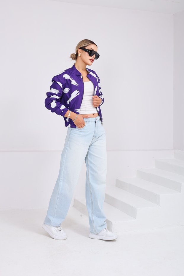 Women's Stand Collar Bomber Jacket with Pockets and Elastic Waist