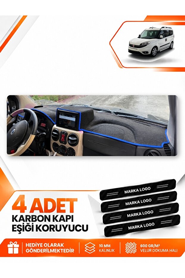 Fi̇at Doblo (2007-2015) Airbag Compatible Large Screen Compatible Dashboard Protection Cover - Black-Blue - Fi022