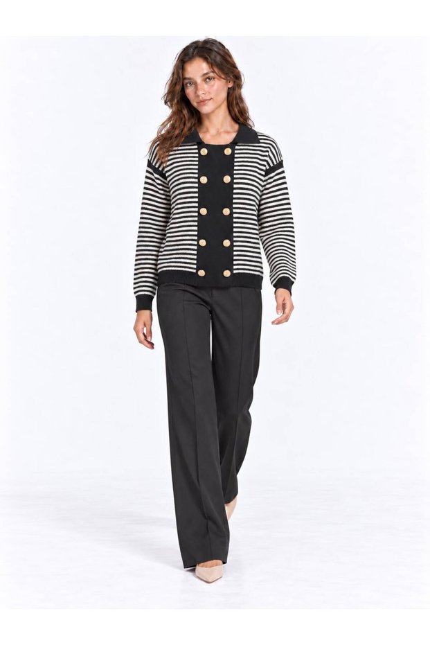 Women's Striped Polo Collar Double Breasted Knitwear Jacket