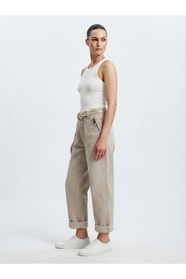 High Waist Velvet Trousers with Belt and Side Zipper