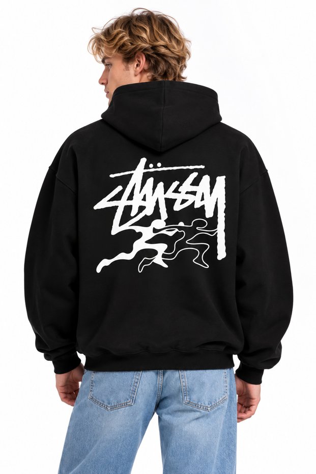 Women's Men's Unisex Stusy Surflu Man Back Patterned Printed 100% Cotton Oversize Hooded Sweatshirt Hoodie