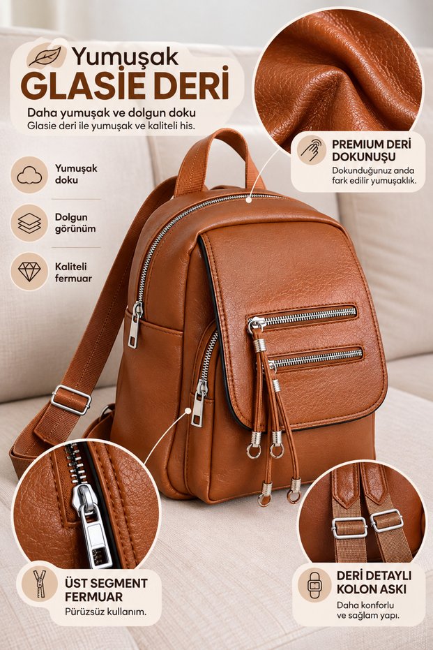 Women's 3-Compartment Tan Soft Leather Covered Backpack with Tassel and Column Strap, Leather Detail