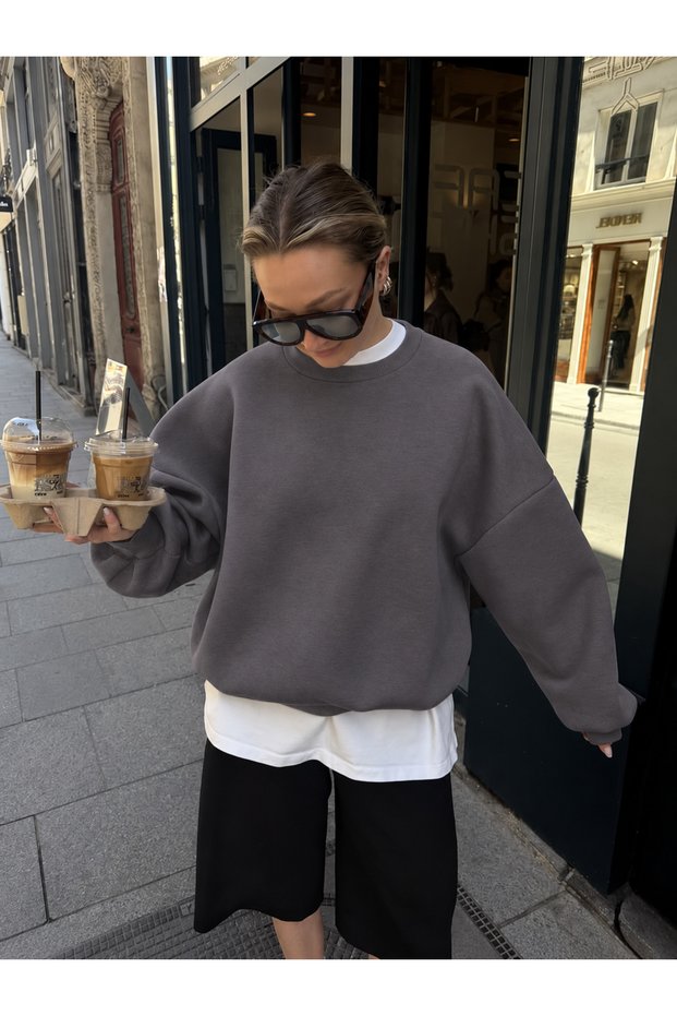 Women's Oversize Basic Crew Neck Sweatshirt Anthracite – 3 Thread Ribbed Fleece
