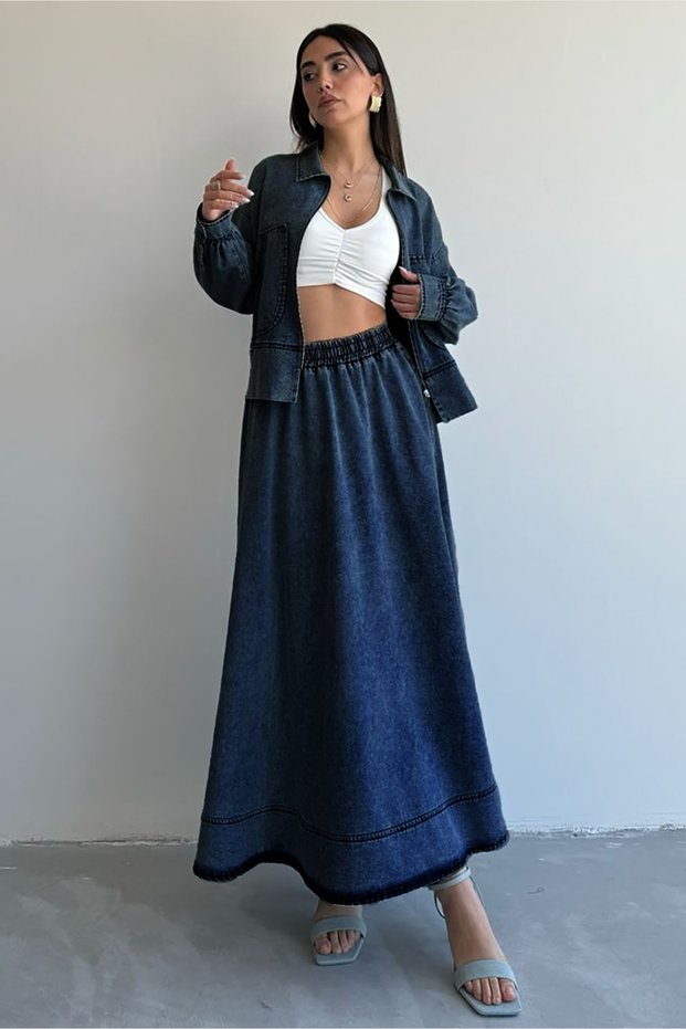 8887 - Side Button Detailed Casual Chic Women's Denim Skirt Set