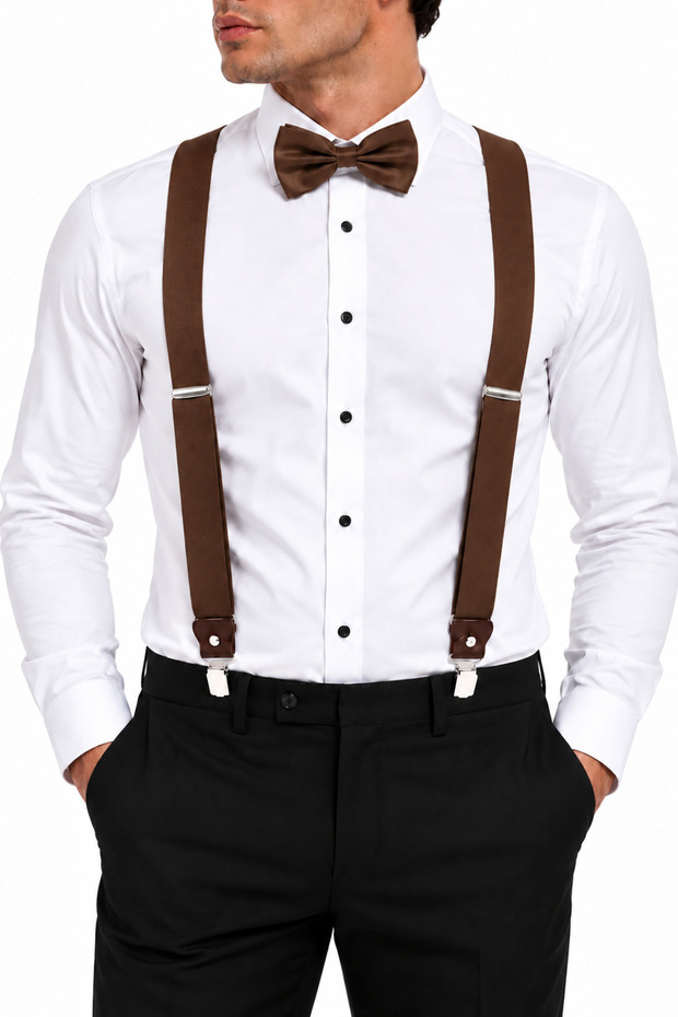 Men's Trouser Strap and Bow Tie Set with Leather Connection