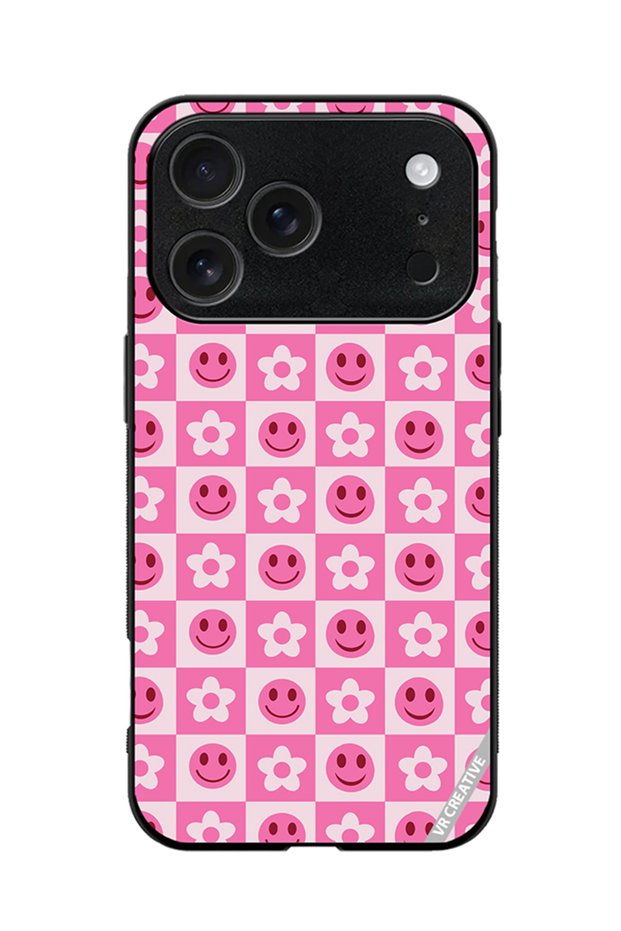 Protective Case Cover For Apple iPhone 17 Pro Max Checkered Hot Pink Retro Flowers And Happy Faces Seamless Pattern Design Multicolour
