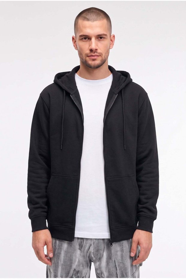 Men's Black Color Hooded Zippered 3 Three Thread Fleece Kangaroo Oversize Cardigan Zip up Hoodie