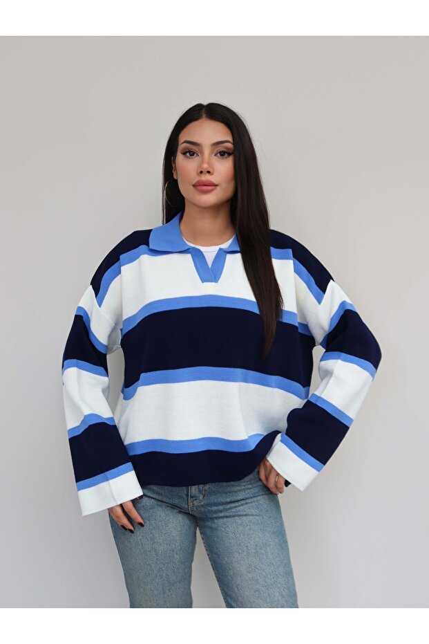 Polo Collar Thick Striped Sweater