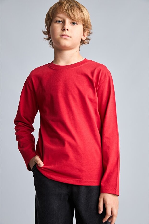 Okul 100% Cotton Regular Fit Crew Neck Long Sleeve Red T-Shirt Boy's K1686A626Au
