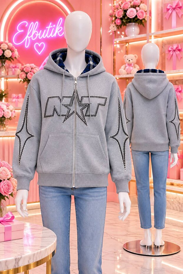 Gray Stone Nxt Printed Black Hooded Cardigan