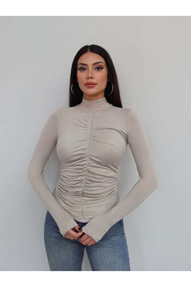 Gathered Front Zippered Blouse