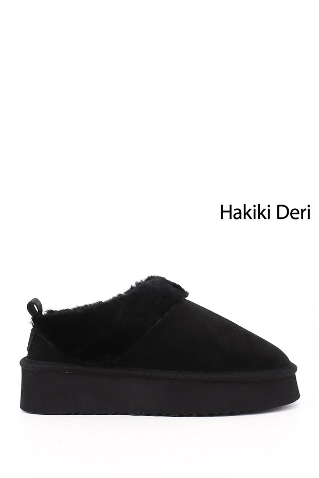 Women's Black Suede W Tazz Thick Soled Genuine Leather Fur Slippers