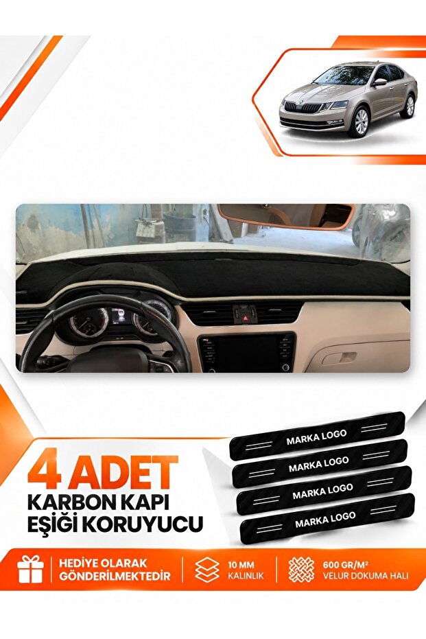Skoda Octavia (2013-2019) Compatible Front Cover Dashboard Protection Protective Cover Carpet - Black-Beige - Sk010