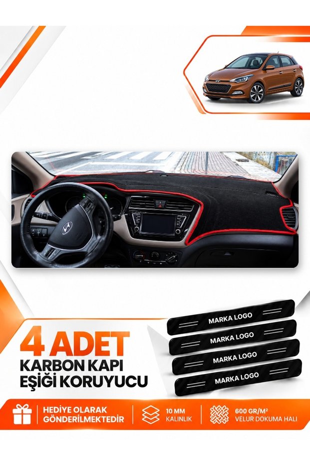 Hyundai̇ İ20 (2014-2020) Compatible Front Torpedo Protection Case Carpet Cover - Black-Red - Hu002
