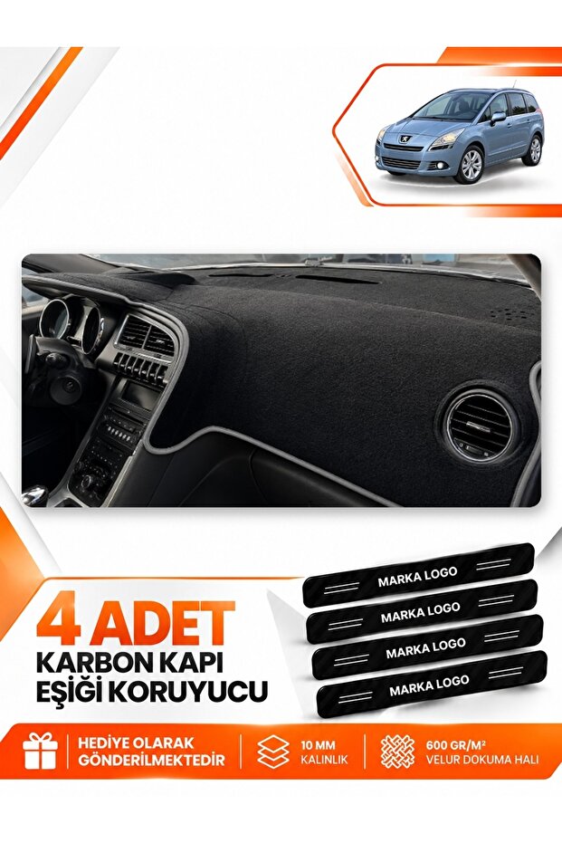 Peugeot 5008 Screenless (2010-2014) Compatible Front Torpedo Protection Cover Carpet - Black-Grey - Pe016