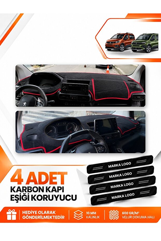 Peugeot Ri̇fter (2018-2026) Compatible Front Torpedo Protection Case Carpet Cover - Black-Red - Pe028