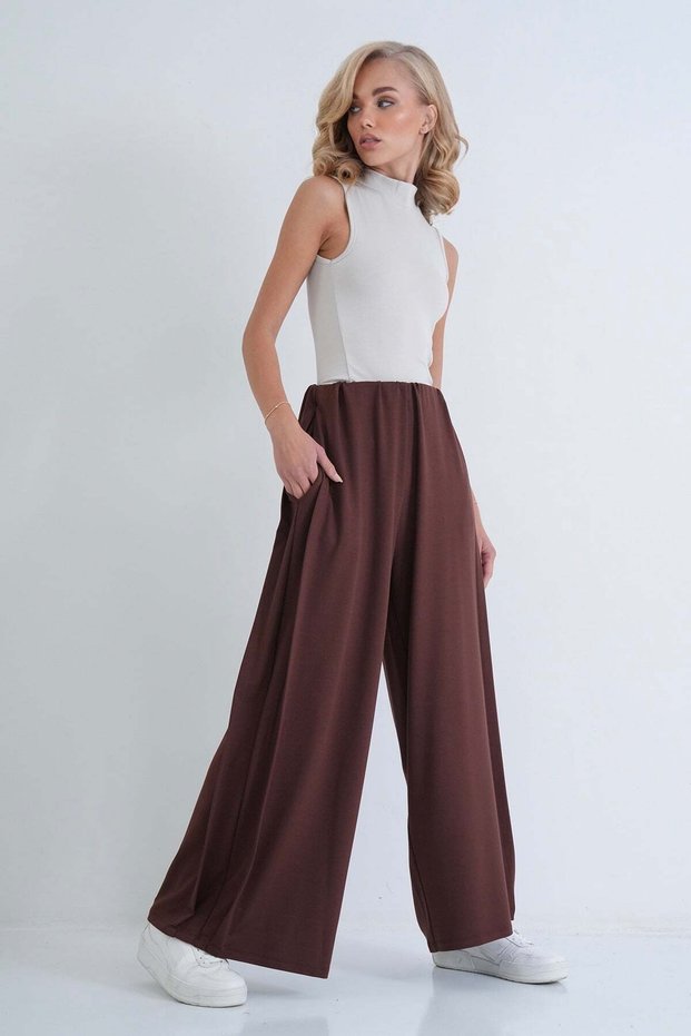 Women's brown side pleated wide leg palazzo pants alc-x15873