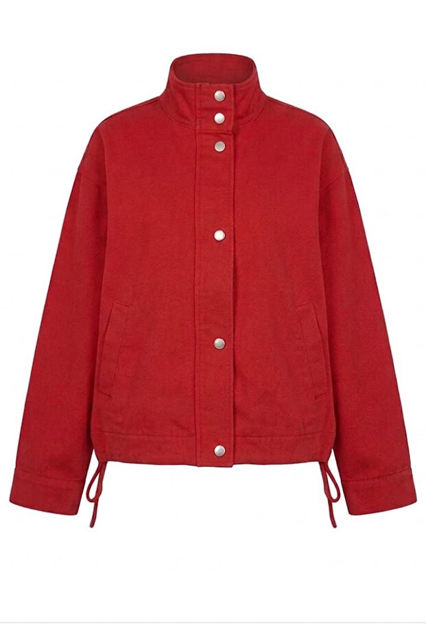High Collar Waist Tie Detailed Jacket-Red Red