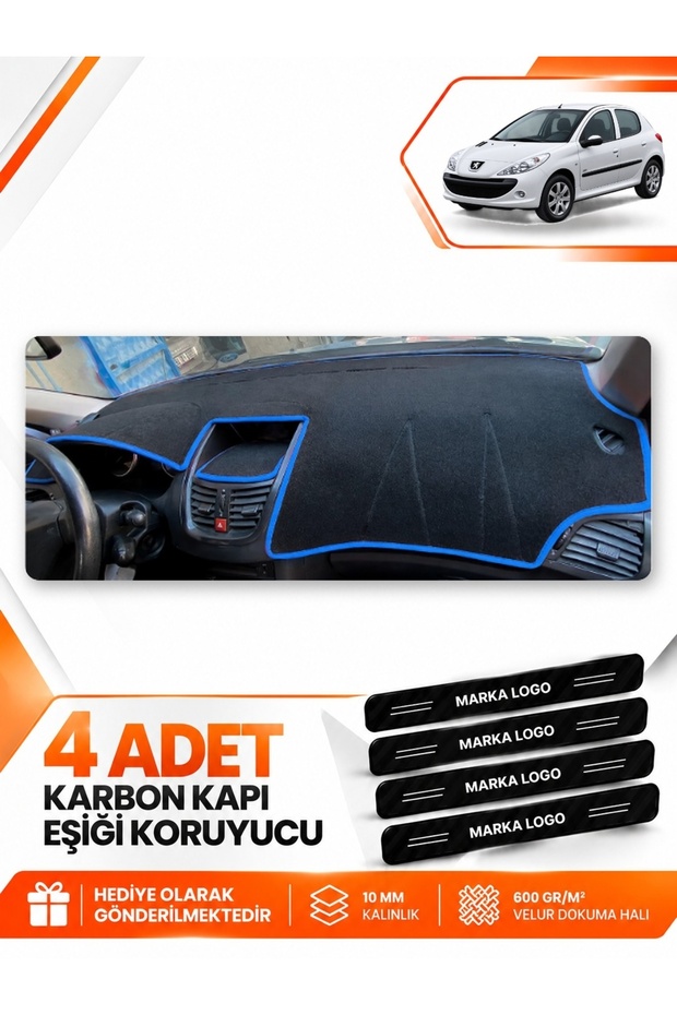 Peugeot 206+ (2009-2013) Compatible Front Torpedo Protection Case Carpet Protective Cover - Black-Blue - Pe004