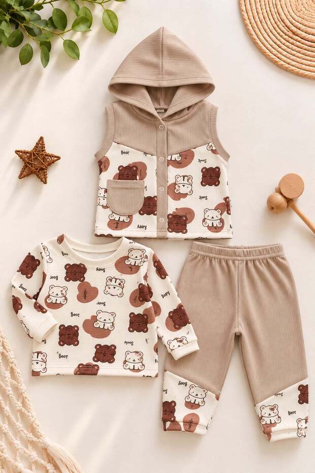 Baby Boy Teddy Bear Printed Hooded Vest Long Sleeve T-Shirt 3-Piece Set 3-6Months