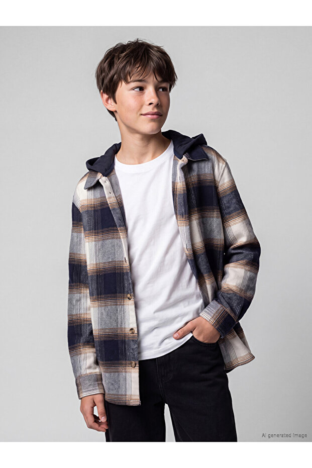 Esvab • Modern & Distinctive Hooded Checkered Embroidered Boys' Shirt Jacket