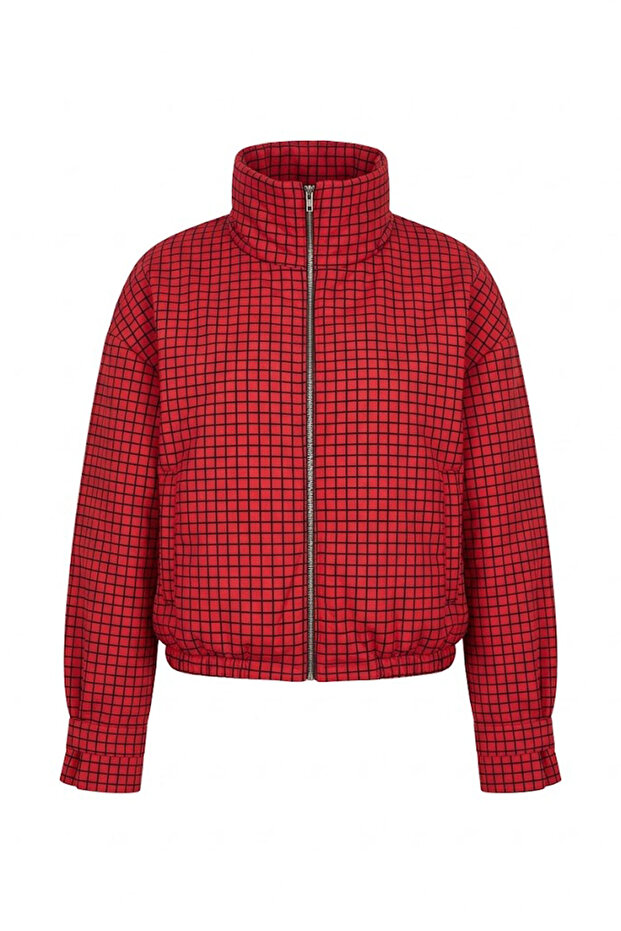 Square Pattern Zipper Jacket-Red Red