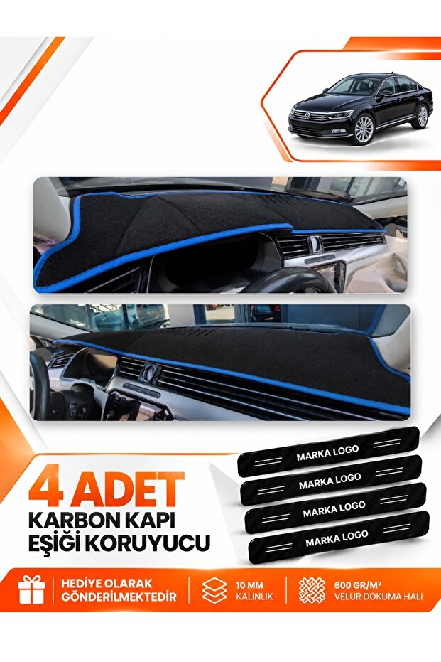 Volkswagen Passat B8 (2015-2020) Compatible Front Torpedo Protection Case Carpet Cover - Black-Blue - Vw017