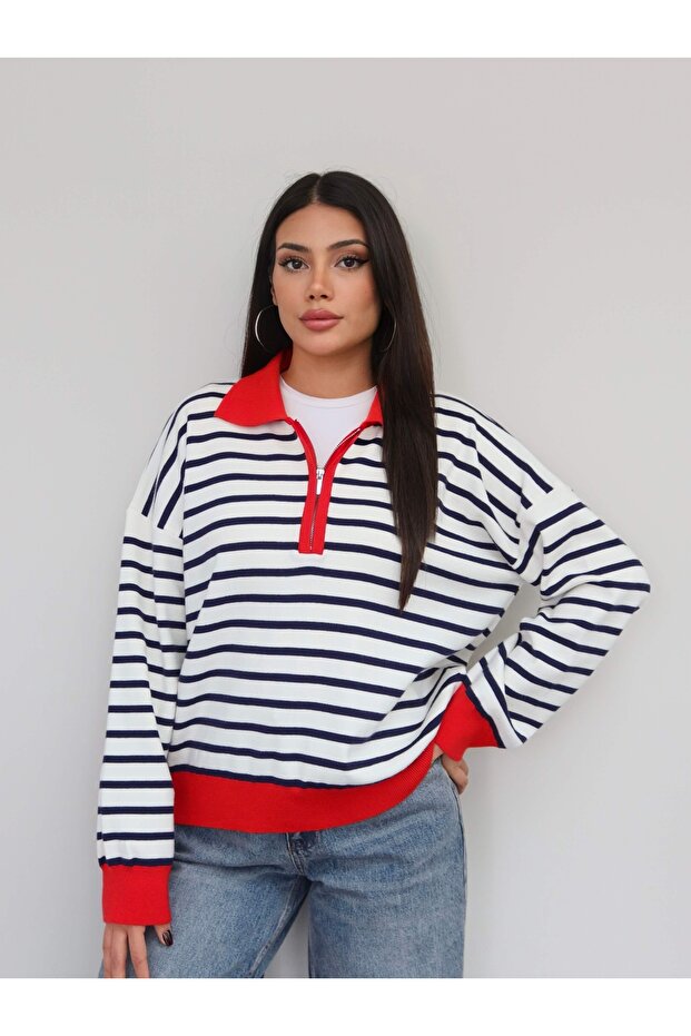 Half Zippered Striped Sweater