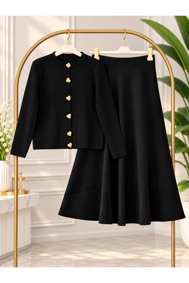 Women's Hijab Gold Button Detailed Black Skirted Knitwear Set Black