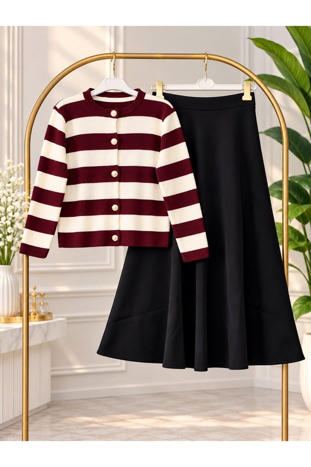Women's Hijab Thick Striped Knitwear Skirt Set Burgundy