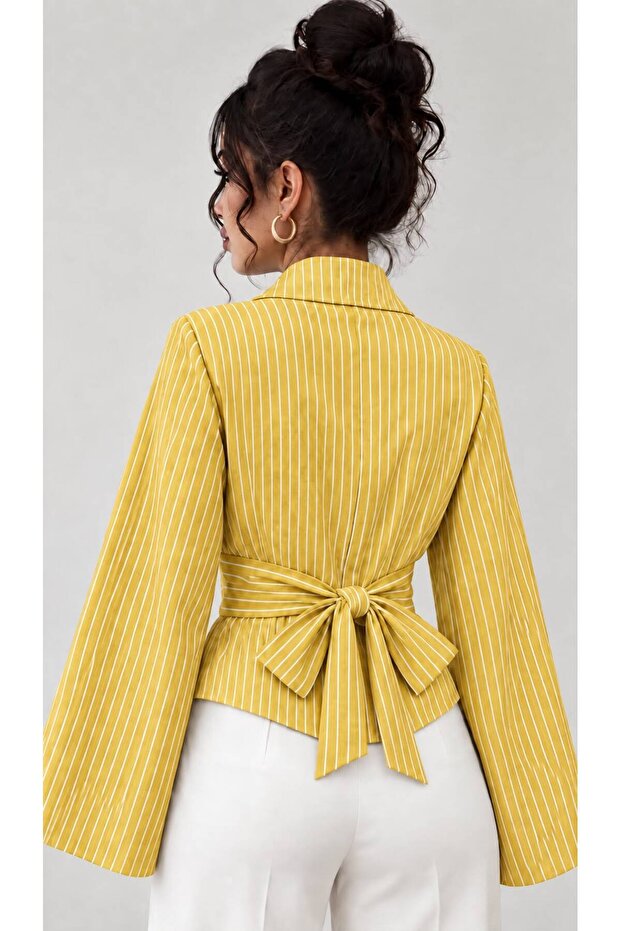 Striped Asymmetrical Cut Spanish Sleeve Double Breasted Collar Waist Tie Belted Slim Cotton Shirt Blouse