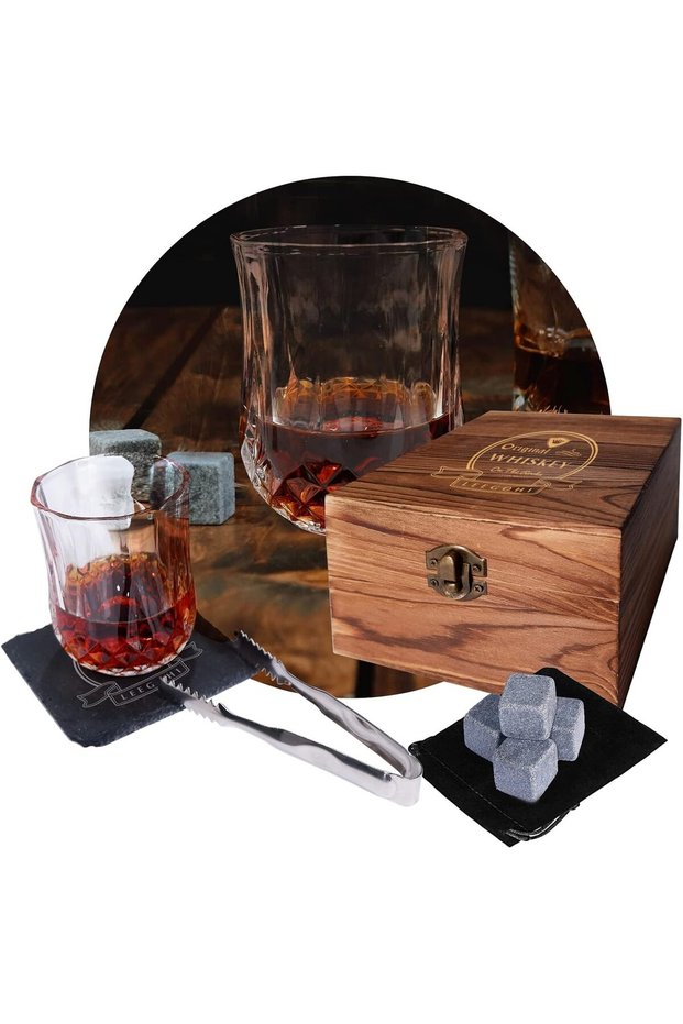 Stones and Glass Gift Set, 4 Granite Chilling Stone and Whisky Glass in Wooden Box, Gift Set with Ice Tongs, Slate Coasters, Alcohol Gift for Men/Dad/Christmas/Husband/New Home Gifts