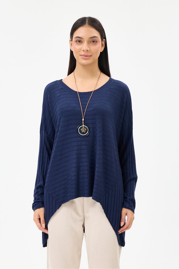 Women's Navy Blue Italian Large Size Self Horizontal Line Patterned Collared Knitwear Blouse 40 - 48 Size