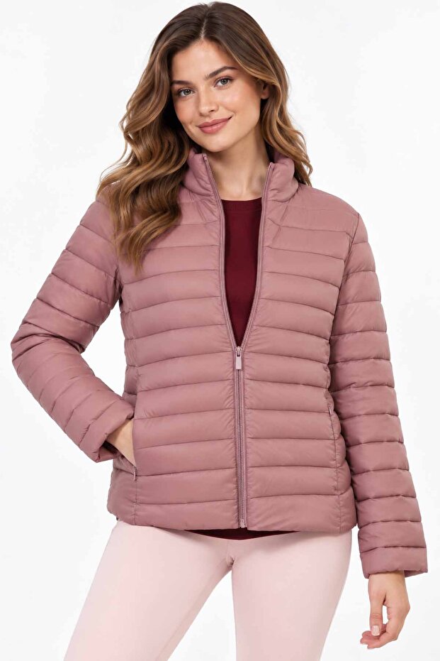 Women's Dusty Rose Puffer Coat – Slim Lightweight Quilted Stand Collar Zippered Casual Seasonal Coat