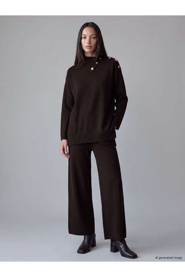 LCW Modest Brown Knit Straight-Leg & Slim-Fit Narrow-Legged Women's Pants, Featuring the ALITA CITY Touch